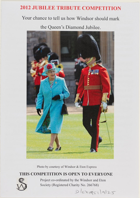 Leaflet showing HM Queen Elizabeth II next to soldier in red uniform.